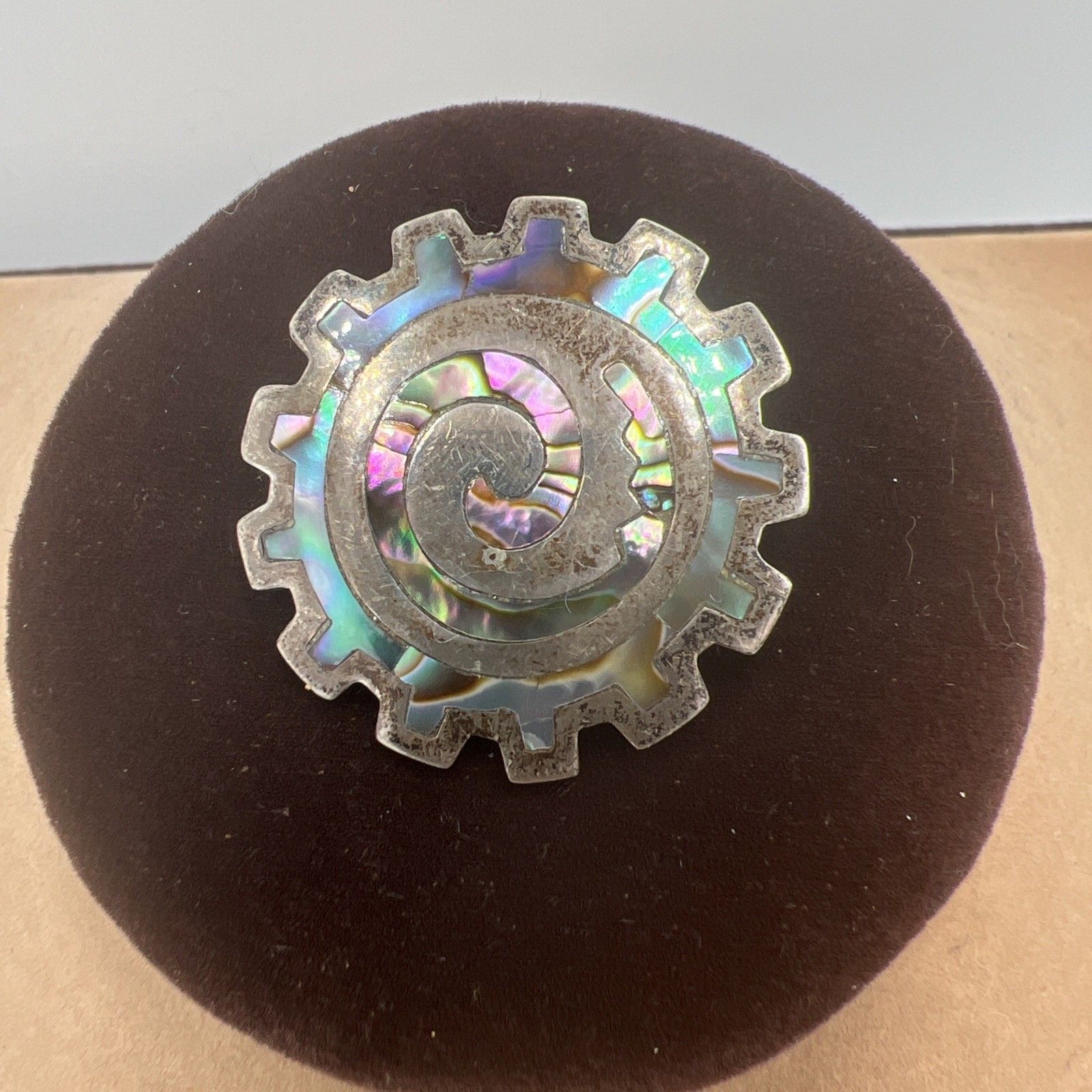 Taxco Brooch Mexico Art Deco 925 Sterling Silver Abalone Mosaic Sunburst Swirl
